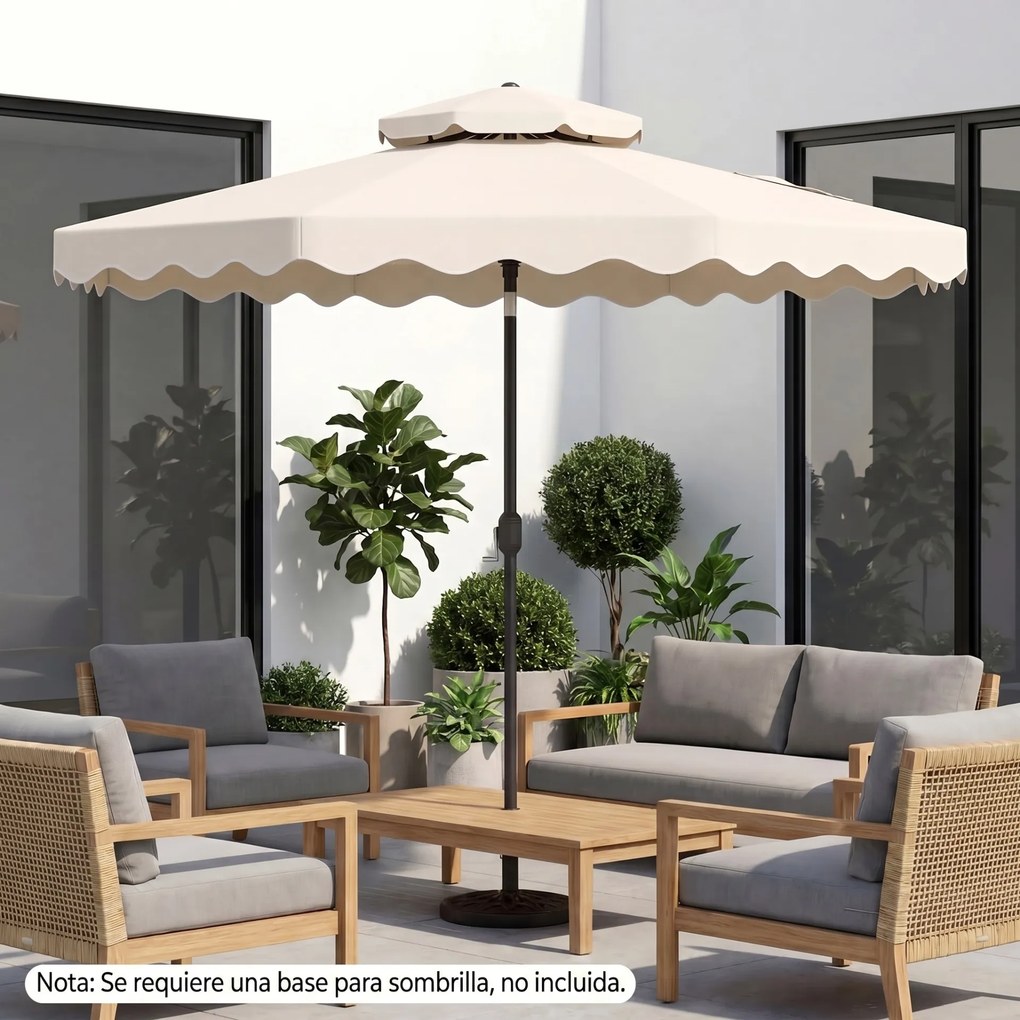 Guarda-sol de 300 cm com inclinação bidirecional de 30° (BASE NÃO INCLUIDA), teto ventilado, 2 camadas, 8 varas metálicas e folhos, para pátio e pisci