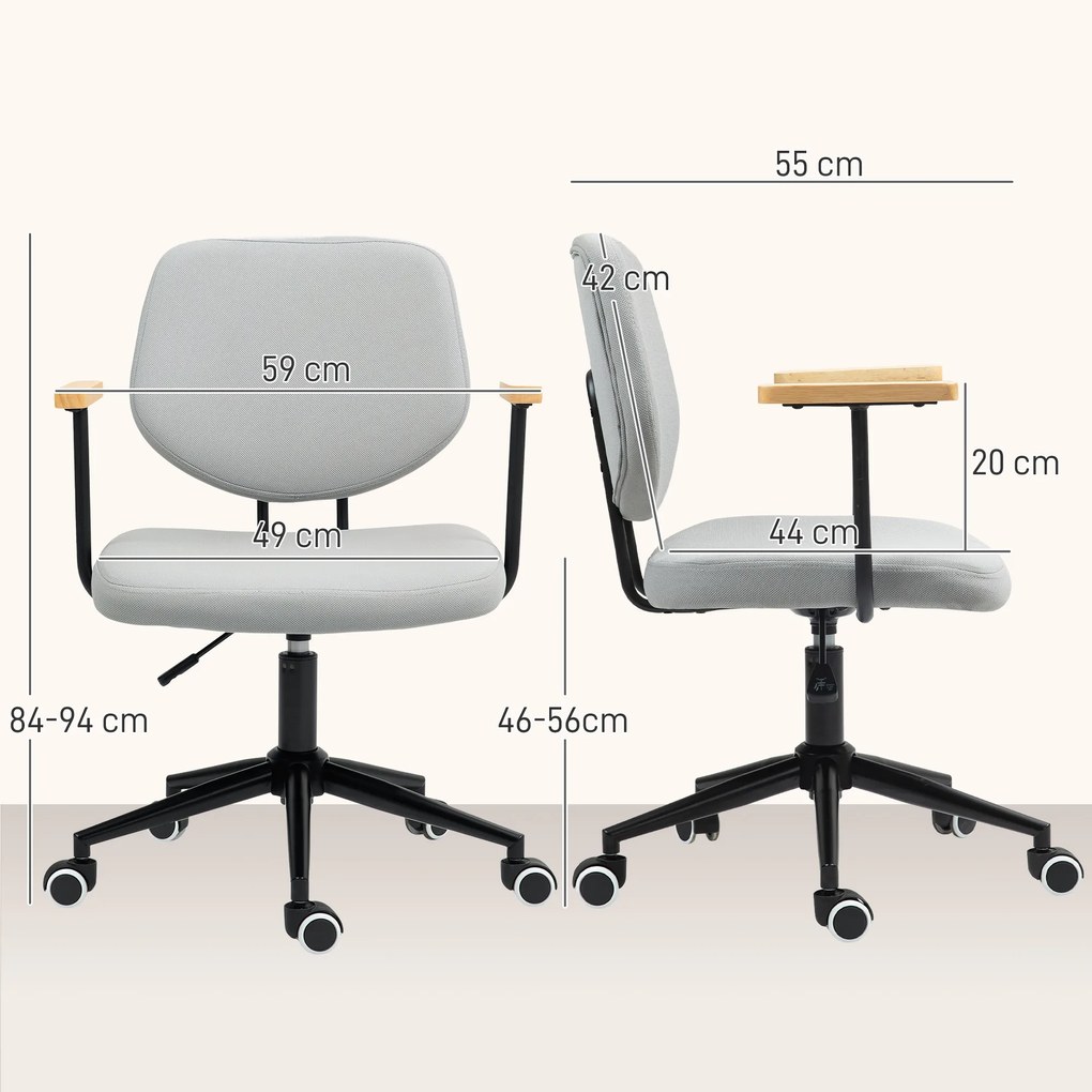 Cadeira de Escritório com Apoio para os Braços de Madeira e Altura Ajustável Cadeira Giratória 59x55x84-94 cm Cinza