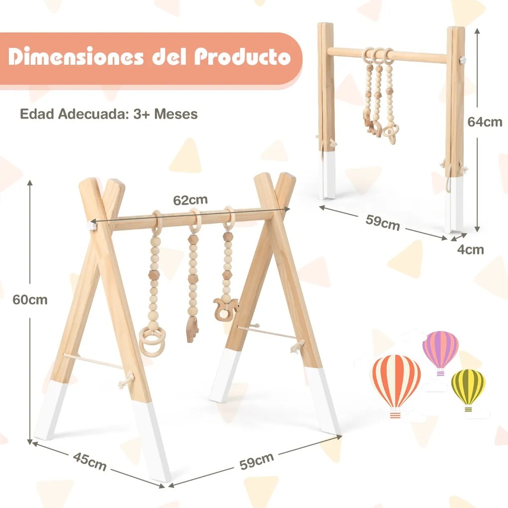 Ginásio para bebés com brinquedos para dentição Desenvolvimento cerebral dobrável em madeira para crianças +3 meses 62 x 45 x 60 cm Branco