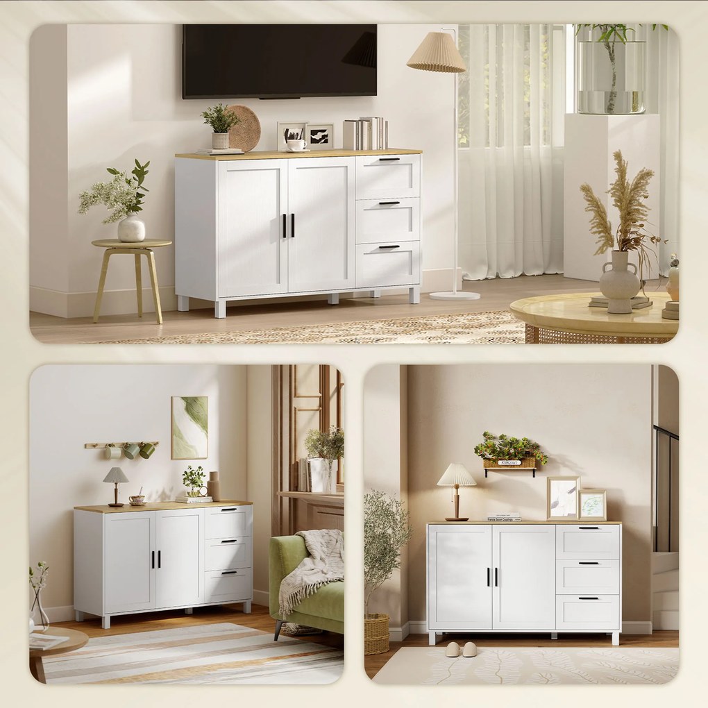 Aparador Moderno para Sala de Estar com 2 Portas e 3 Gavetas Prateleira Ajustável para Sala de Jantar Entrada 120x38x76 cm Branco