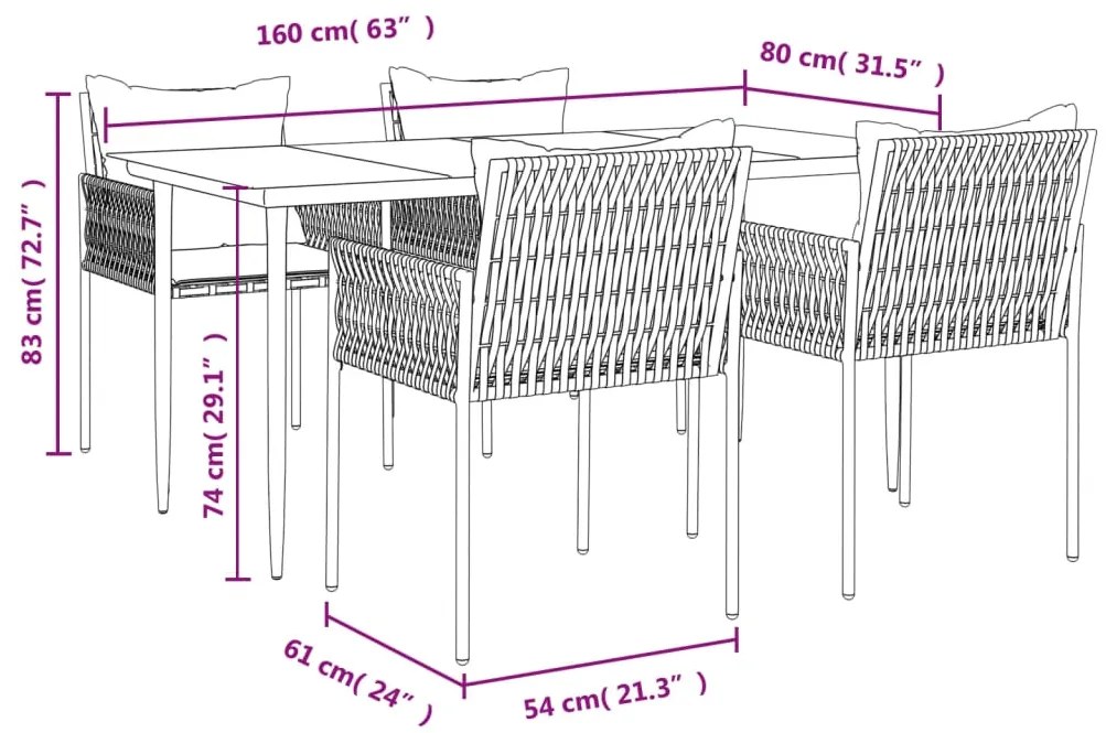 5 pcs conjunto de jantar p/ jardim c/ almofadões vime PE e aço