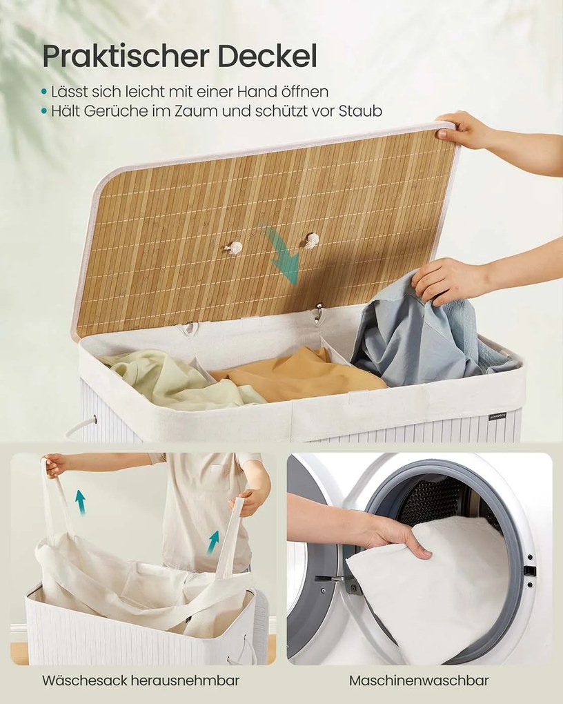 Cesto para roupa suja em bambu com 3 compartimentos 70 x 40 x 61 cm branco