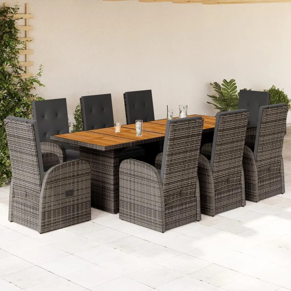 vidaXL 9 pcs conjunto de jantar p/ jardim c/ almofadões vime PE cinza