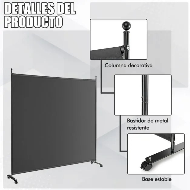 Biombo Divisória de ambientes 184 x 30 x 184 cm com painel único, tela de privacidade larga com rodas bloqueáveis Cinzento