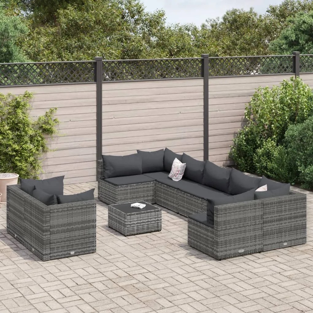 vidaXL 10 pcs conjunto sofás de jardim c/ almofadões vime PE cinzento