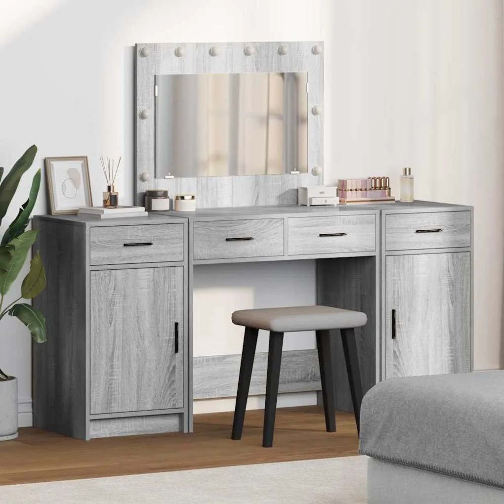 vidaXL Conjunto de Toucador de 3 Peças com LED Cinza Sonoma Madeira Engenharia