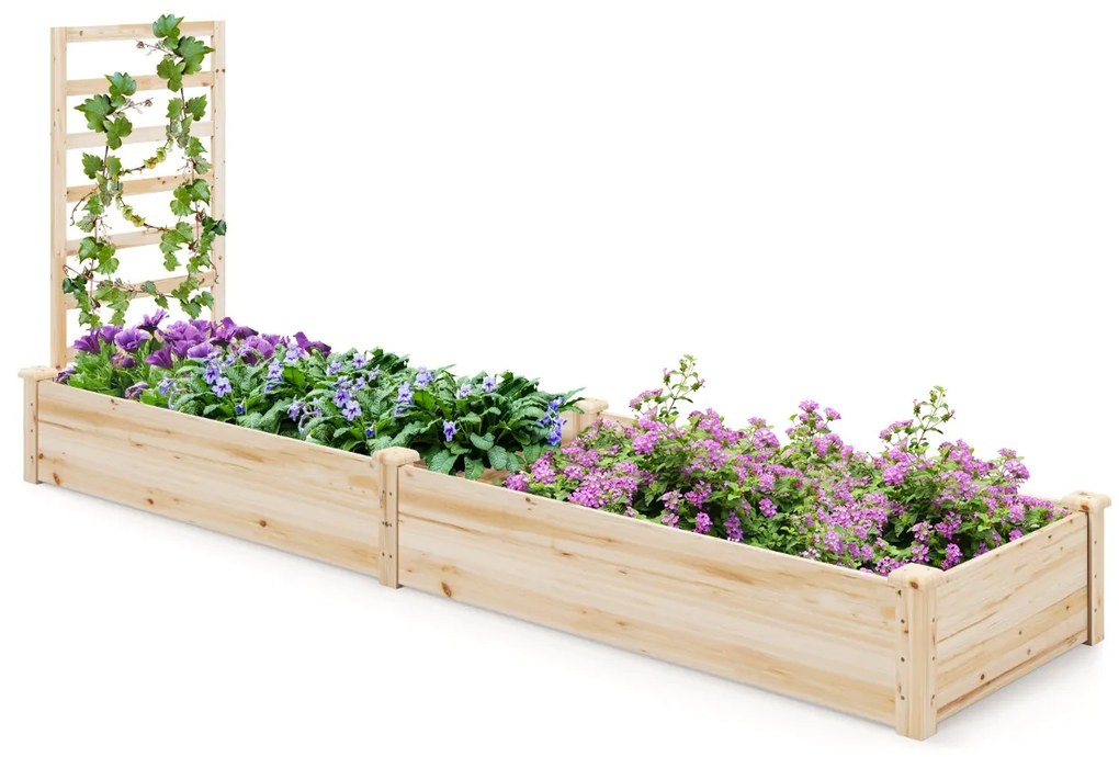 Floreira elevada jardim com 2 plantadores e treliça Kit de plantador de madeira para pátio exterior e varanda 235 x 63 x 102 cm Natural