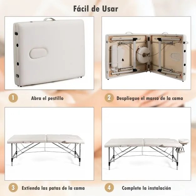 Mesa de massagem dobrável de 184 cm em alumínio portátil e leve, suporta 250 kg Branca