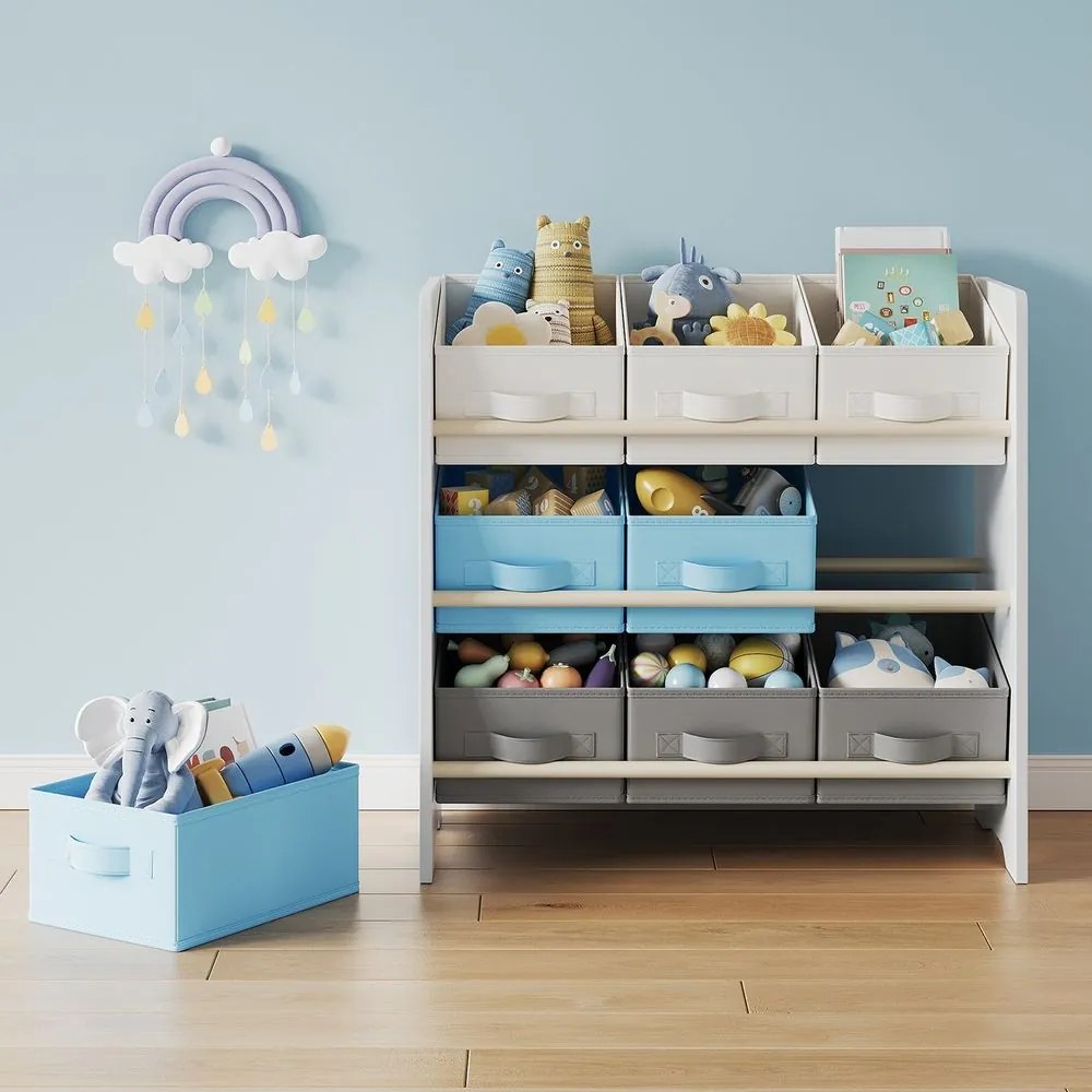 Estante infantil com 9 caixas de armazenamento em tecido não tecido 29,5 x 62,5 x 60 cm branco com desenhos espaciais