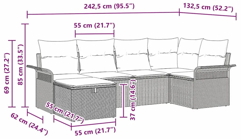Conjunto de Sofás de Jardim 6 Peças com Almofadas Preto Rattan Poliést