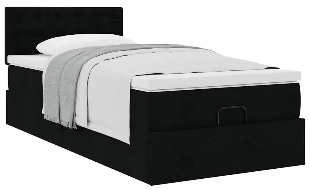 Estrutura de cama otomana com colchão preto tecido