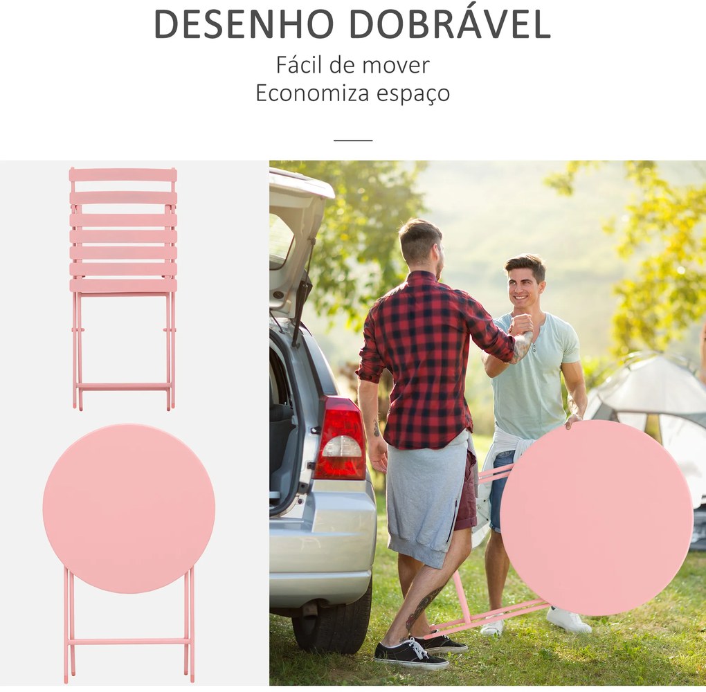 Conjunto de Móveis de Jardim Dobráveis Conjunto de 1 Mesa Redonda e 2 Cadeiras de Varanda com Estrutura de Aço Rosa