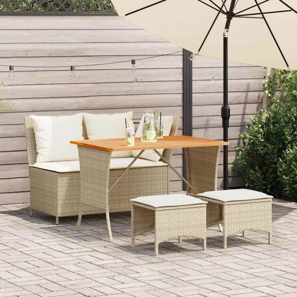 4 pcs conjunto de jantar p/ jardim c/ almofadões vime PE bege