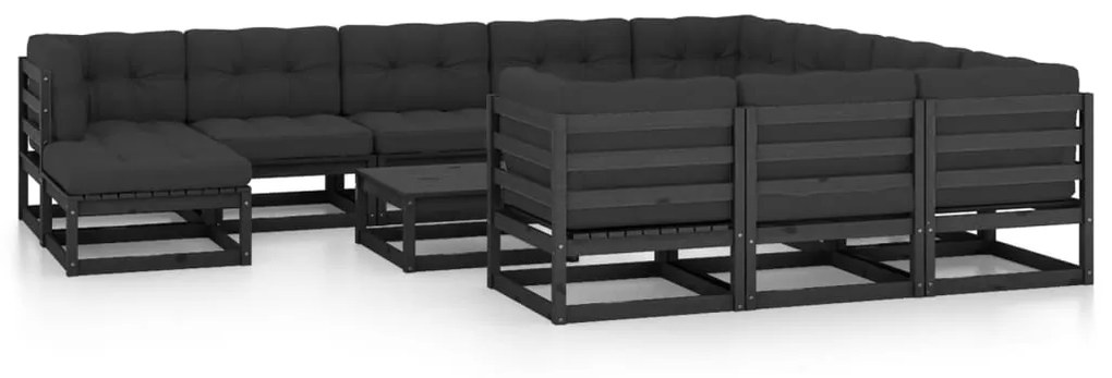 vidaXL 12 pcs conjunto longue jardim c/ almofadões pinho maciço preto