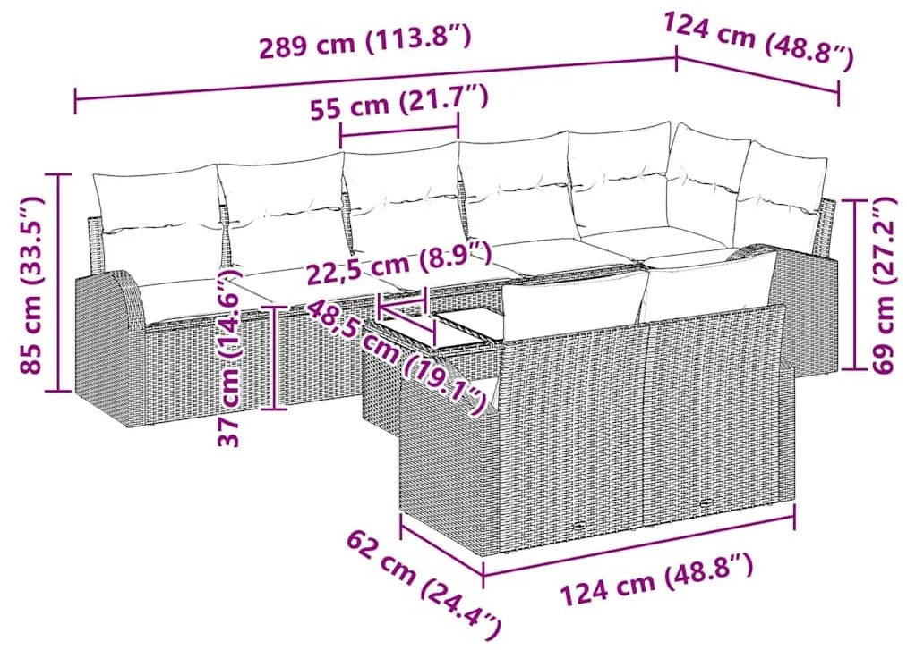 Conjunto de Sofá de Jardim vidaXL com Almofadas Marrom Rattan Poliéste