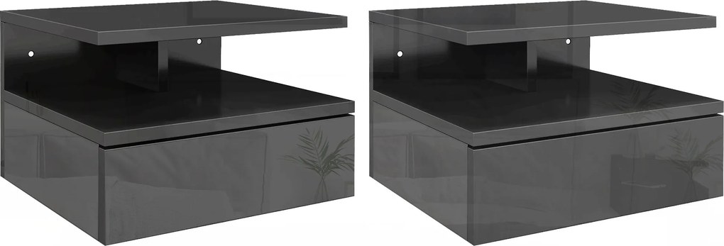 Conjunto de 2 Mesas de Cabeceira Flutuantes com Gaveta e Prateleira Aberta para Sala de Estar, 35x32x22,5 cm Preto Brilhante