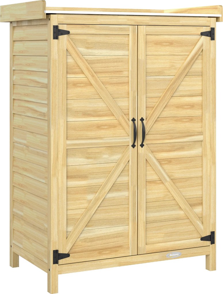 Armário de Jardim em Madeira com Teto de Metal Prateleiras e Ganchos para Armazenamento de Ferramentas 71,5x39x95 cm Natural