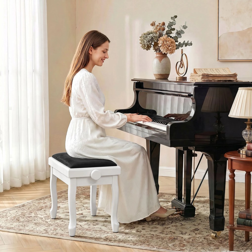 Banco de piano 61,5 L x 33 P x 45-56 A cm ajustável em altura de 45 a 56 cm, banco de teclado, assento almofadado em veludo, branco