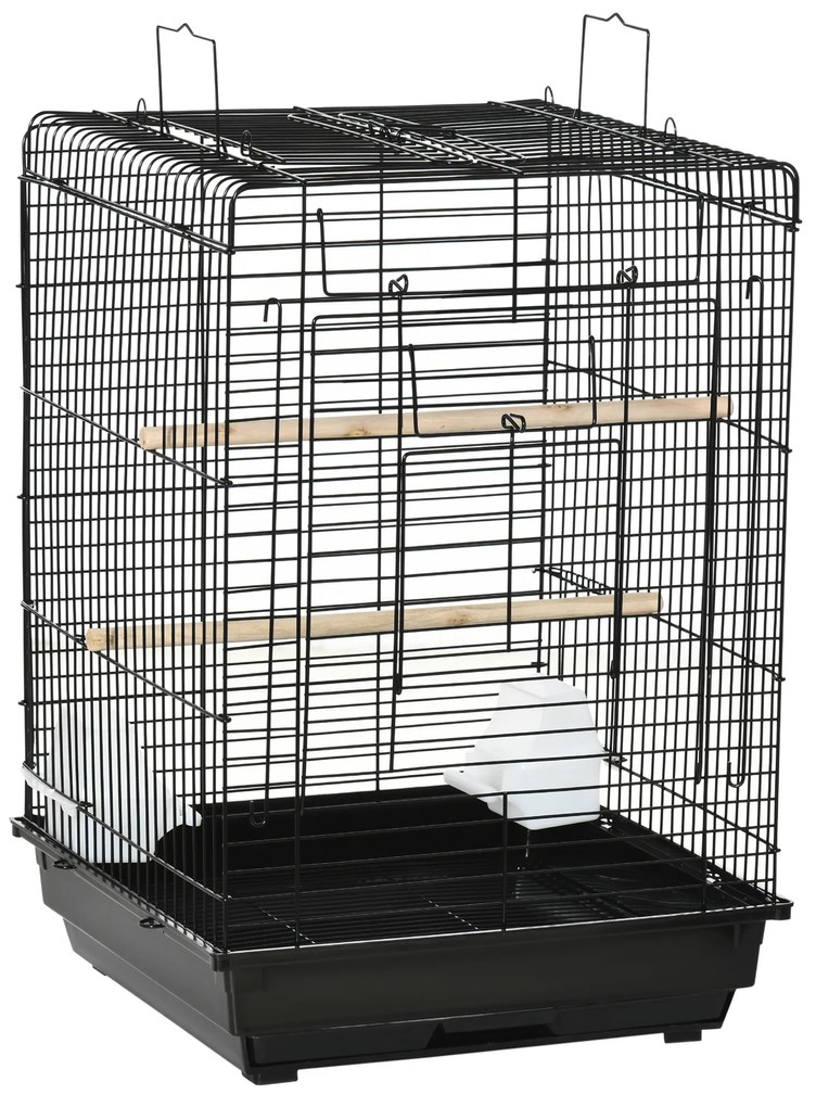 PawHut Gaiola para Pássaros com Teto Abatível 2 Poleiros 2 Comedouros e Bandeja Amovível para Canários Periquitos 40x40x59 cm Preto