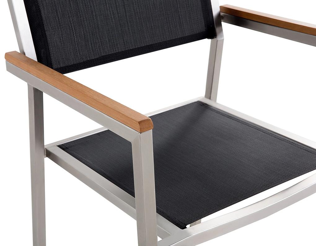 Conjunto de mesa com tampo triplo granito flameado preto 220 x 100 cm e 8 cadeiras pretas GROSSETO Beliani