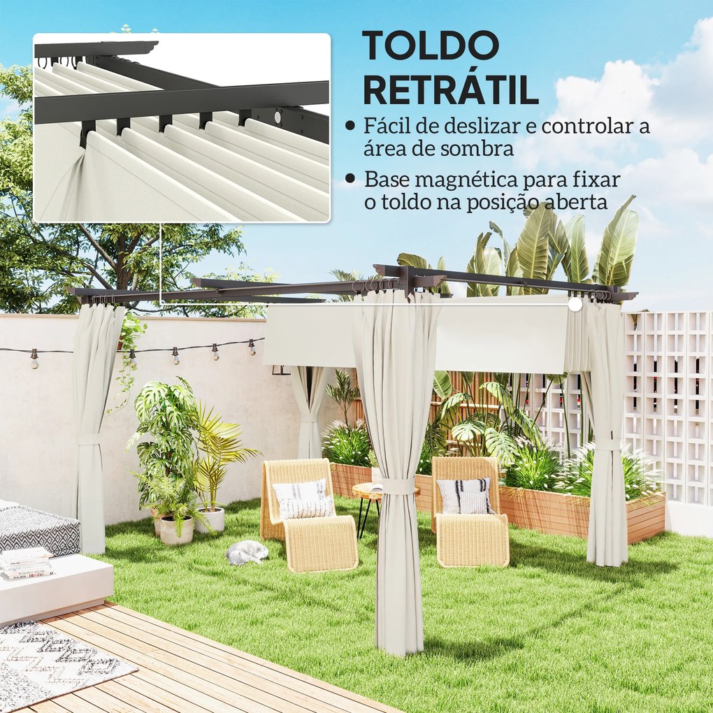 Pérgola com Teto Retrátil 3,9x3x2,2 m Paredes Laterais Tecido de Poliéster Anti UV Pérgola para Jardim Creme