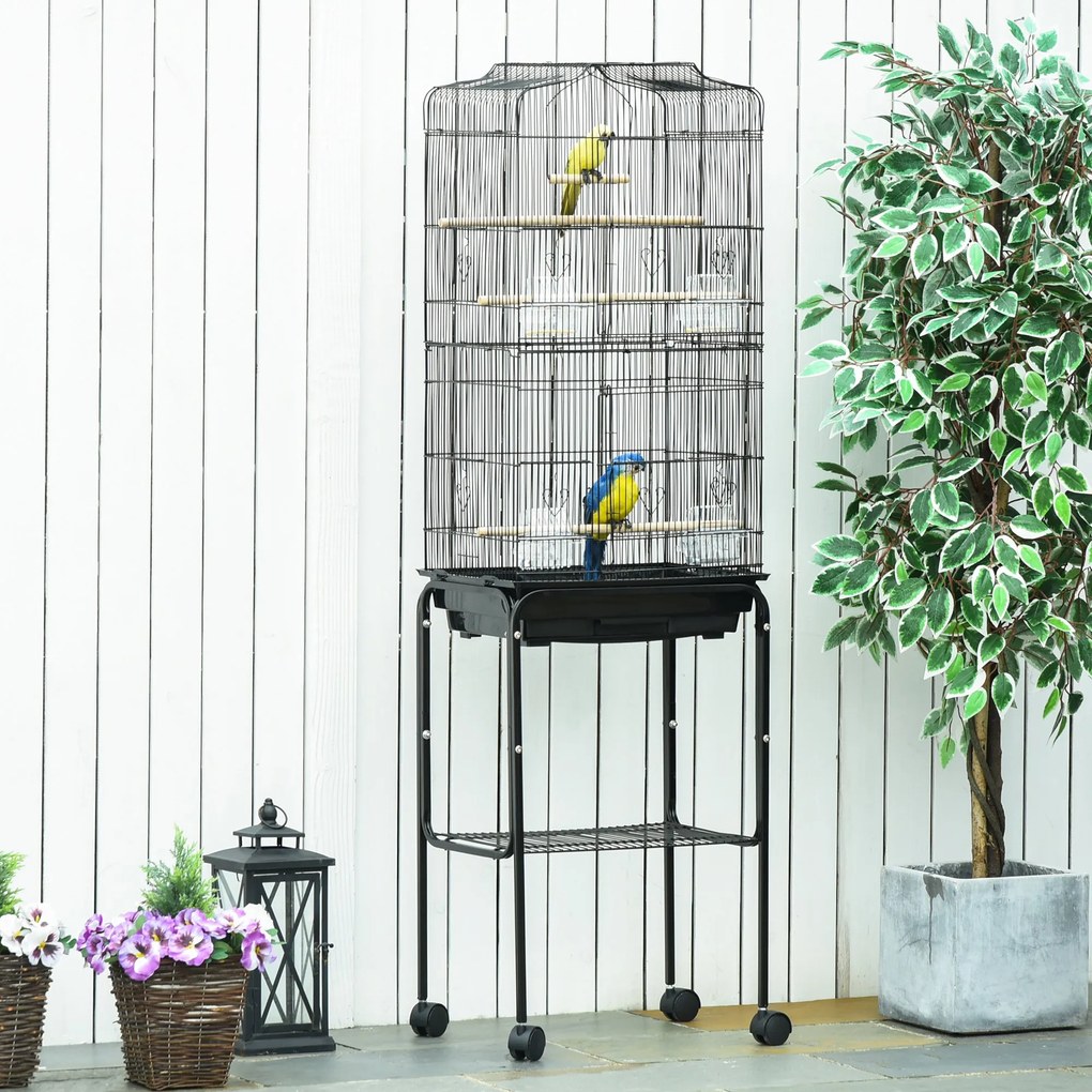 PawHut Gaiola para Passáros com Suporte Gaiola Metálica de Aves Canários com 4 Rodas Portas 4 Comedouros 3 Poleiros Bandeja Removível e