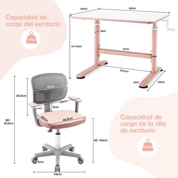 Cadeira de secretária ergonómica para crianças com rodas Cadeira giratória para computador Apoio lombar ajustável em altura Rosa