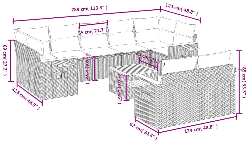 10 pcs conjunto de sofás p/ jardim com almofadões vime PE bege