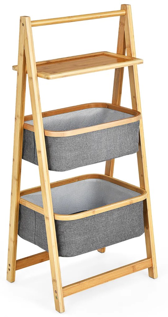 Organizador com 2 Cestos de Roupa de Bambu com Estrutura de Prateleira A Lavandaria de Banho Prateleira Natural e Cinzenta