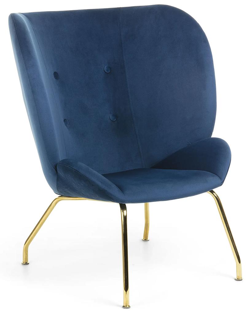 Kave Home - Poltrona Violet veludo azul e pernas de aço acabamento dourado