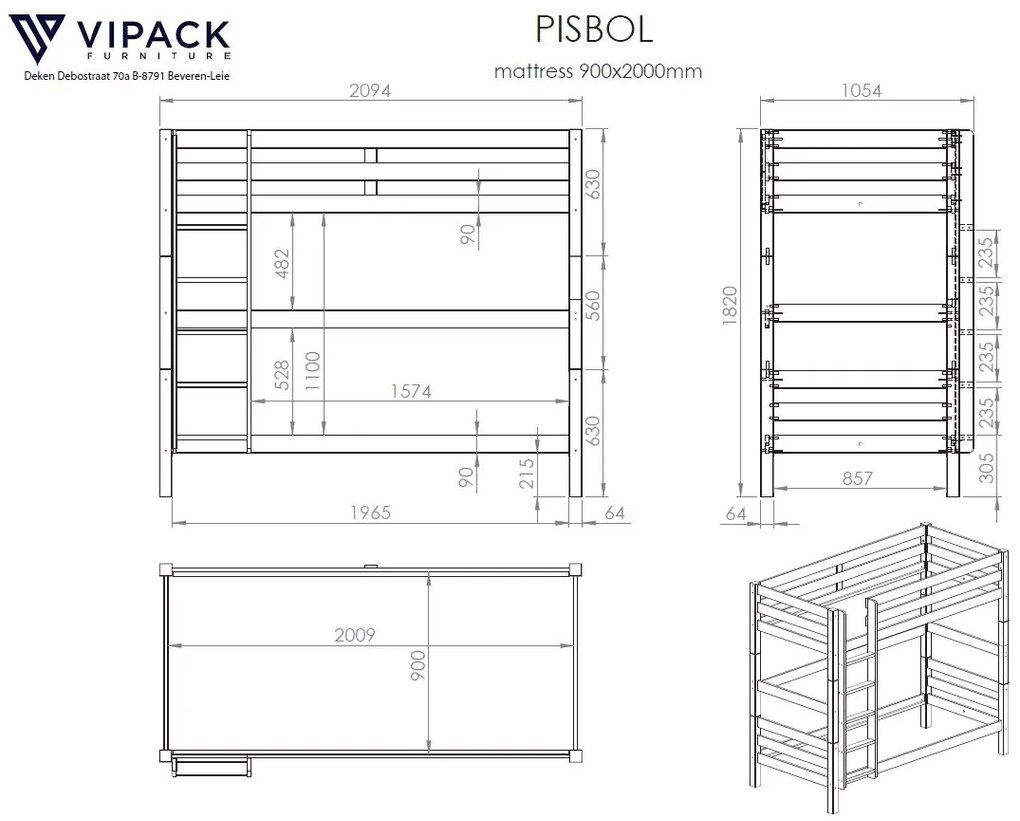 Beliche PINO 90 x 200 cm e altura 180 cm + Gaveta Cinzenta