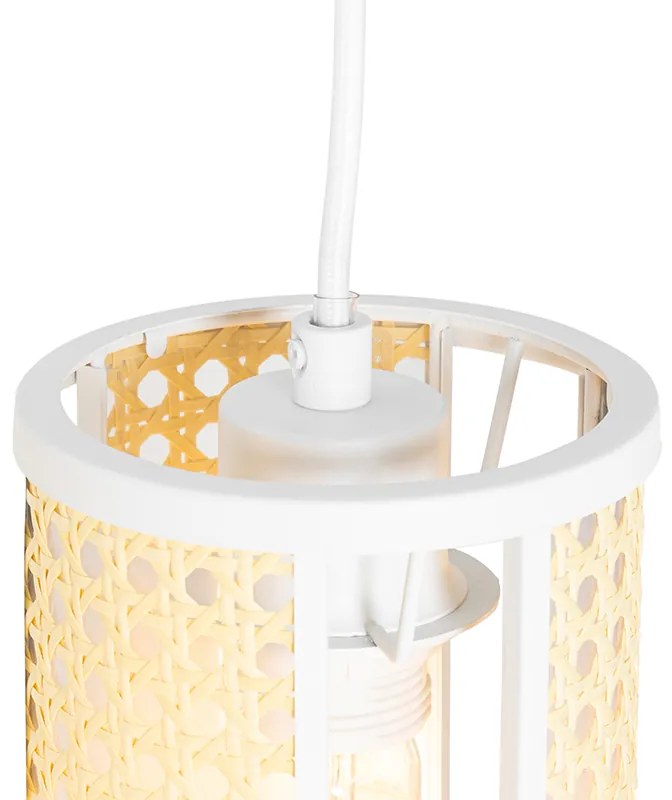 Candeeiro de suspensão oriental branco com vime 3 luzes oblongo - Akira Retro