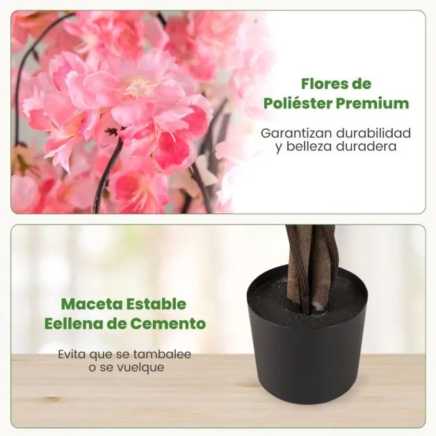 Árvore de Cerejeira Artificial de 163 cm com flores em tons degradés e tronco de madeira, vaso de cimento para interior Rosa