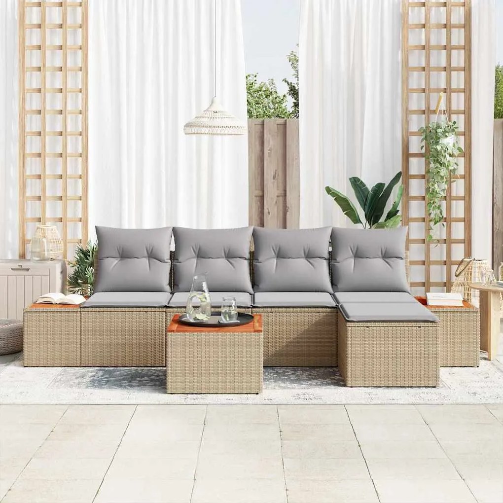 Conjunto de Sofás de Jardim 6 Peças - Rattan Bege Acácia