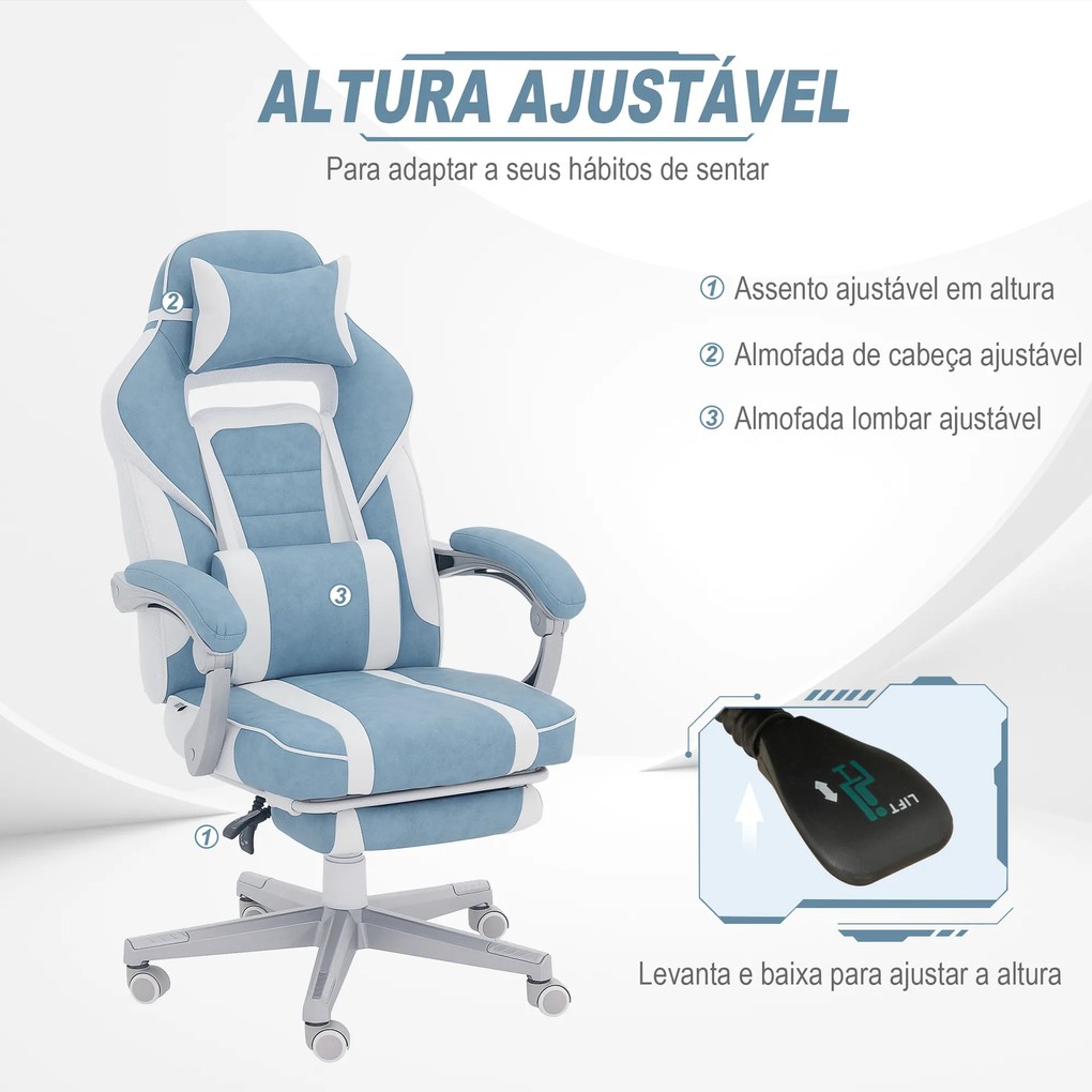 Cadeira Gaming Cadeira de Escritório Reclinável Apoio para os Pés Retrátil Suporte Lombar e Almofada para a Cabeça 63x63x115,5-123 cm Azul