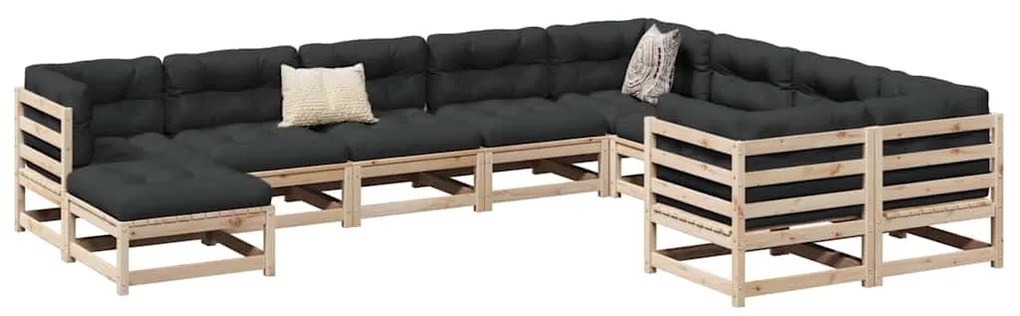 10 pcs conjunto sofás jardim c/ almofadões madeira pinho maciço