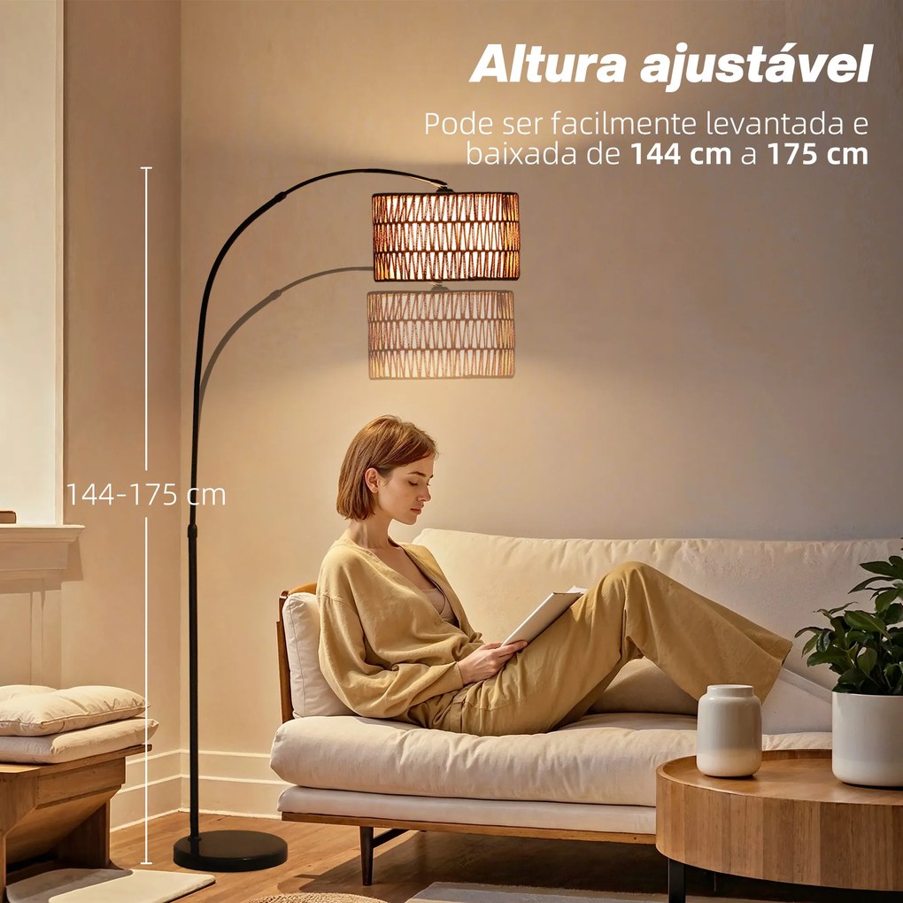 Candeeiro de Pé com Altura Ajustável Ecrã de Juta Interruptor de Pé e Base de Mármore 93x34x144-175 cm Preto, castanho e branco