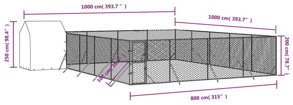 Canil de exterior com teto 10x10x2,5 m aço galvanizado prateado
