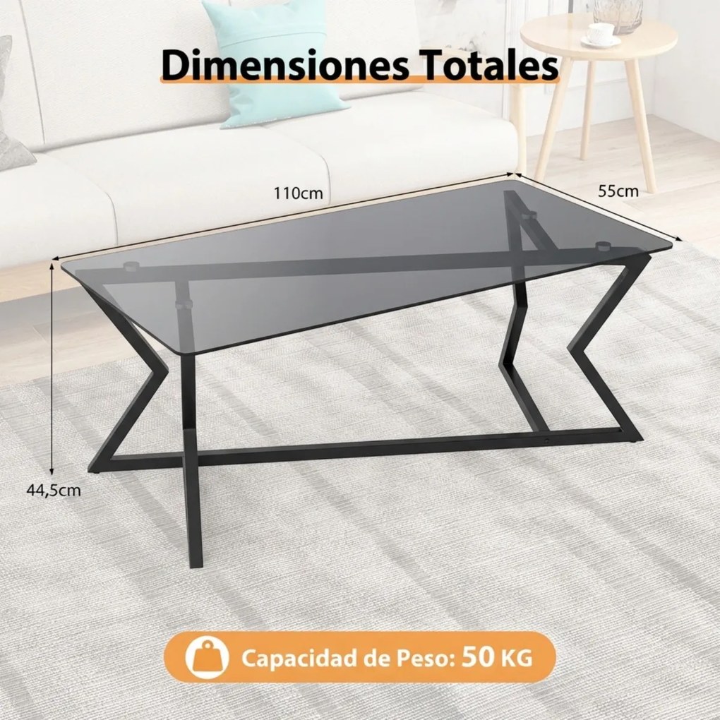 Mesa de centro retangular 110 x 55 x 44,5 cm com vidro temperado e Estrutura metálica geométrica, estilo moderno, cinzento escuro
