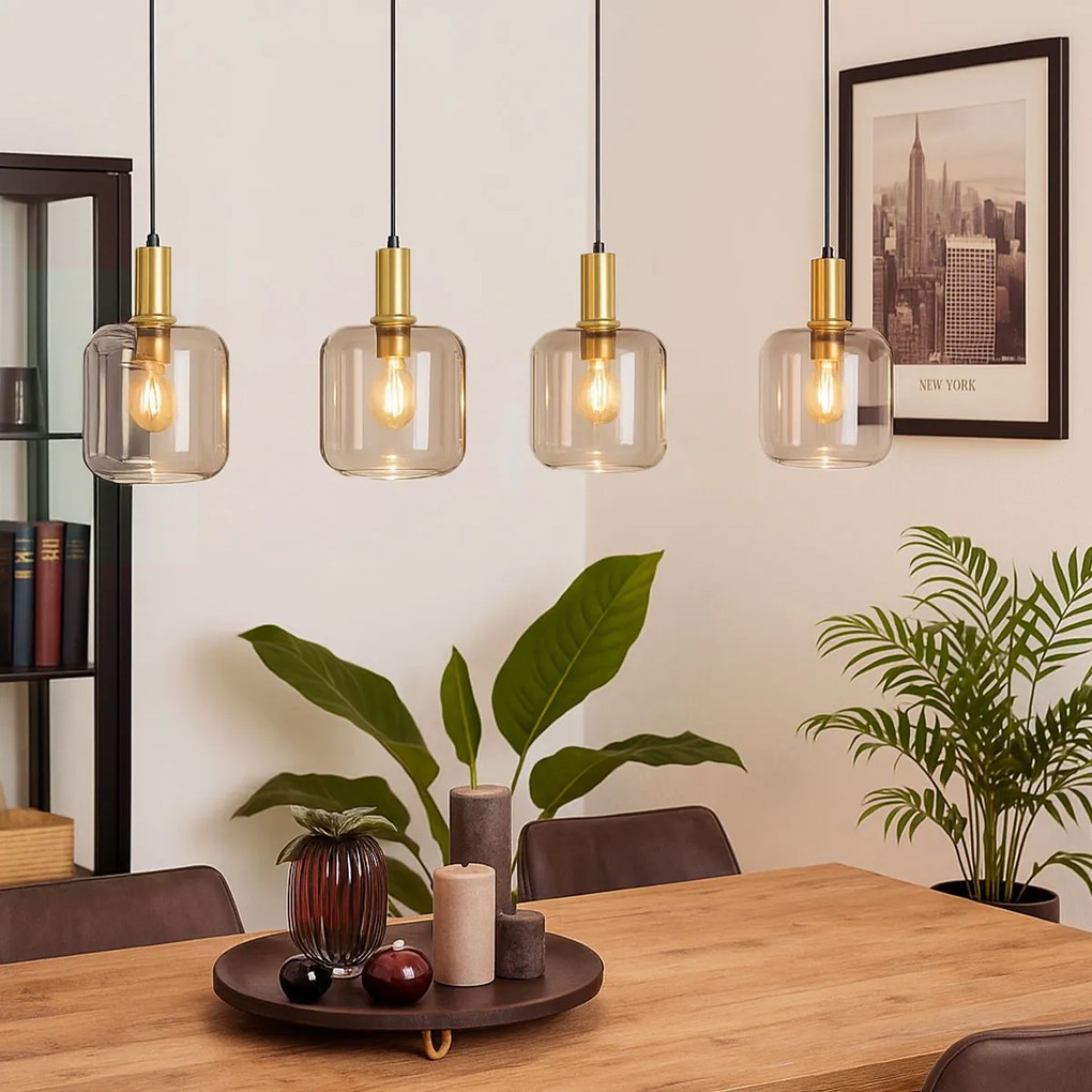 Candeeiro de suspensão design preto com latão e vidro âmbar 4-luzes - Zuzanna
