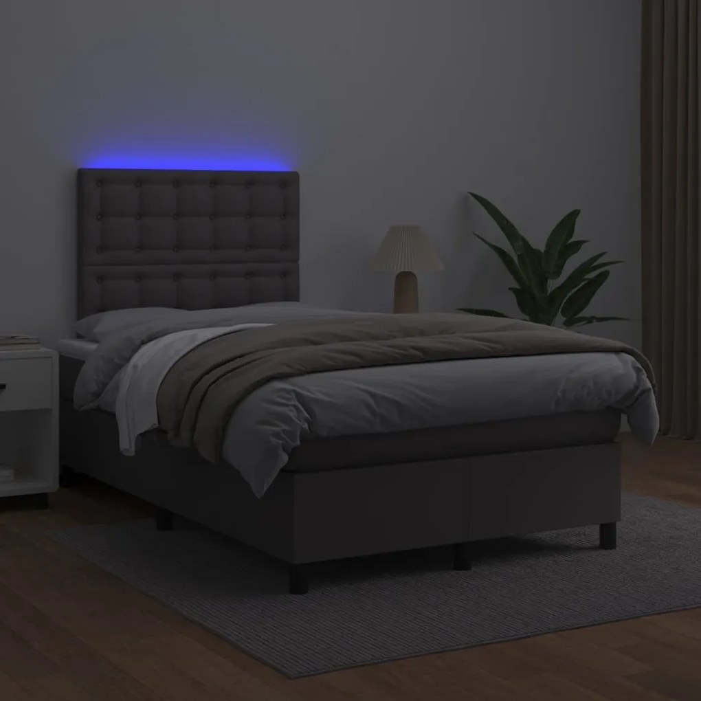 Cama box spring c/ colchão/LED 120x200cm couro artificial cinza