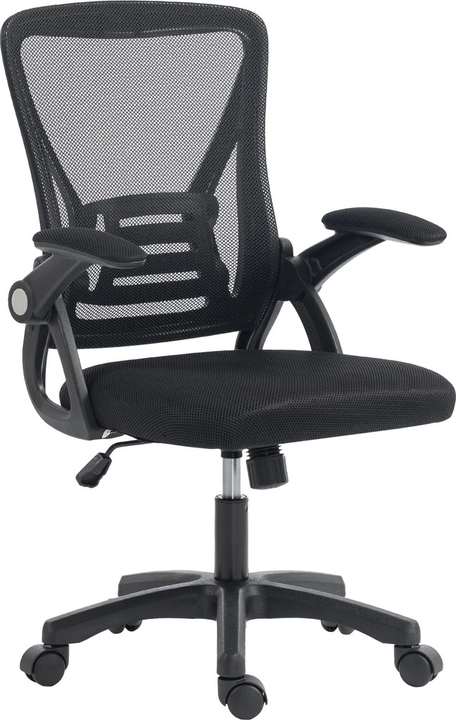 HOMCOM Cadeira de escritório ergonômica, poltrona de escritório em malha, apoios de braços rebatíveis, altura ajustável, 59,5x56x103cm, preto | Aosom Portugal