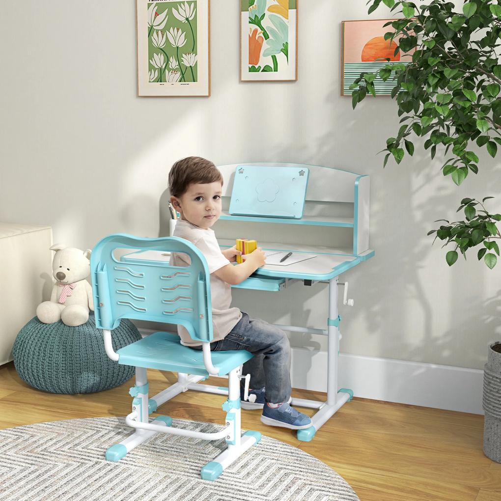 Conjunto de Secretária e Cadeira para Crianças com Altura Ajustável e Ângulo da Mesa Ajustável 80x54,5x82-104 cm Azul