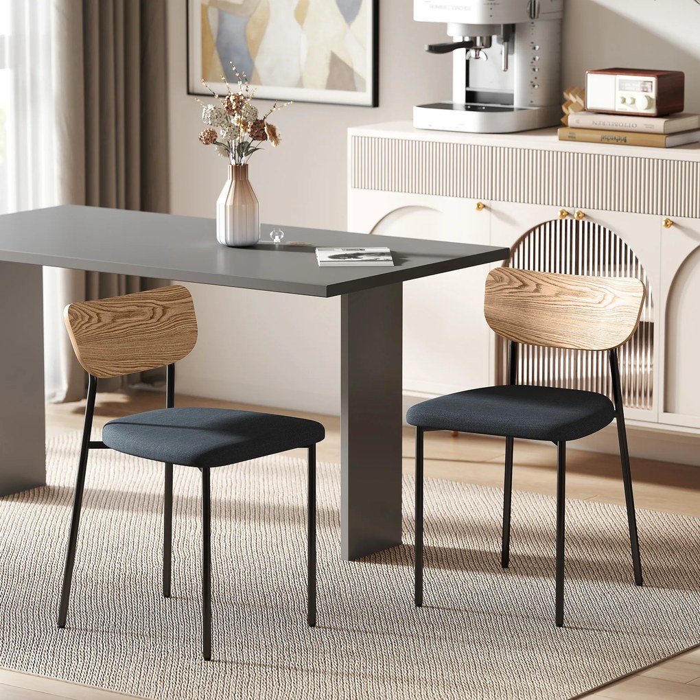 Conjunto de 2 cadeiras de sala de jantar com pés em aço, encosto curvo e assento almofadado, cinzento e com efeito de madeira natural