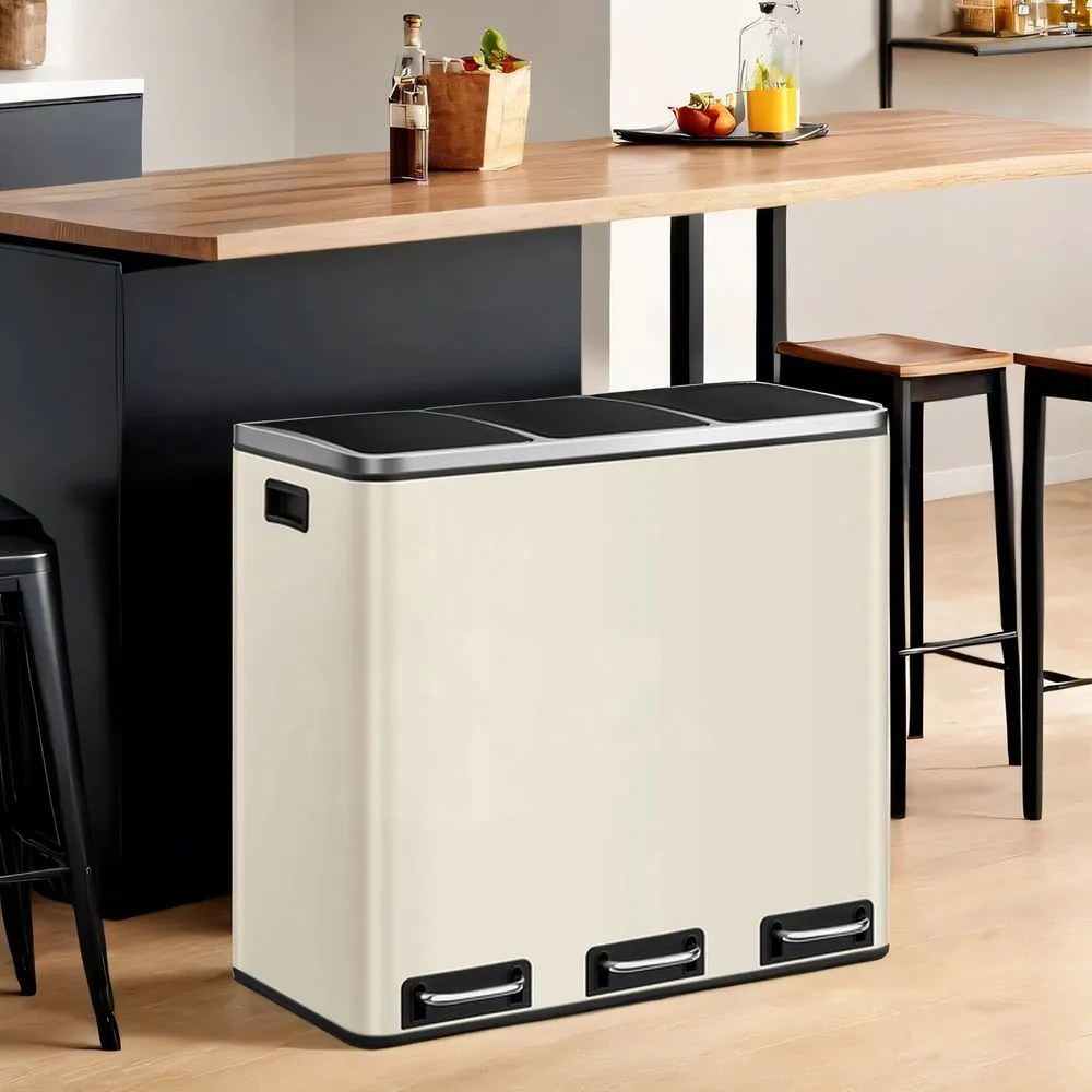Caixote do lixo de cozinha, 3 x 18 L, sistema de separação de resíduos 3 compartimentos 61 x 31,5 x 55,5 cm Bege