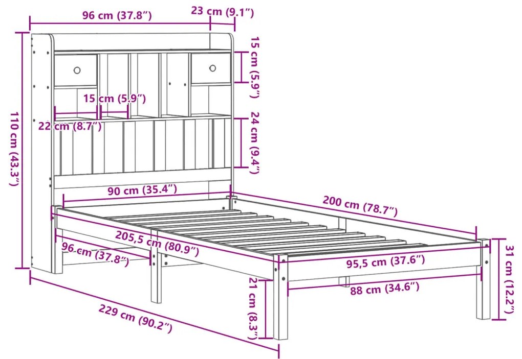 Cama com estante sem colchão 90x200 cm pinho maciço branco