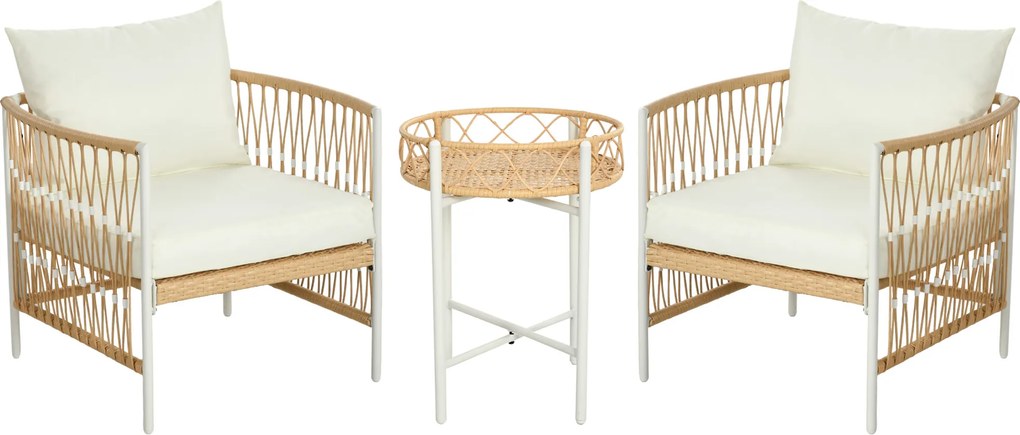 Outsunny Conjunto de Jardim Exterior com 2 Cadeiras e Mesa em Vime com Almofadas Acolchoadas para Varanda Terraço Bege e Creme | Aosom Portugal