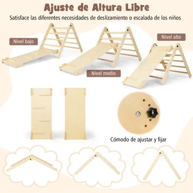 Conjunto 7 em 1 Escalador dobrável para crianças de 3 a 14 anos com rampa reversível, banco conversível e quadro divertido natural