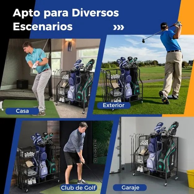 Organizador de armazenamento de tacos de golfe com 3 Estantes 1 Cesto 1 Rodas amovíveis 6 Ganchos para acessórios de equipamento de golfe