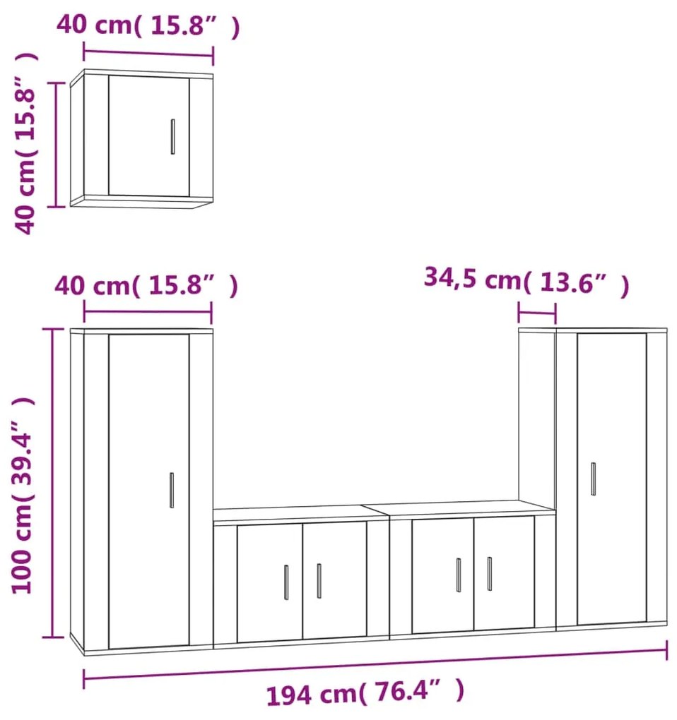 5 pcs conjunto móveis de TV madeira processada branco brilhante